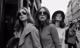 three beautiful women in sunglasses are standing outside