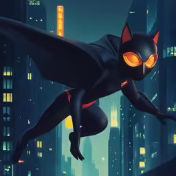 the animated batgirl with yellow eyes and red light in the city