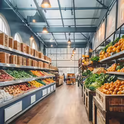 some fruit is on shelves in a grocery store