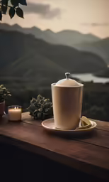 a table with a cup on it next to a candle and some plants
