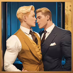 two men with blonde hair in a gold vest,two males standing in front of a blue wall