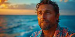 man in hawaiian shirt on a ship at sunset,a man with a beard standing by the ocean