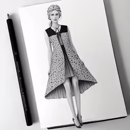 a woman is wearing a dress and heels on a notebook