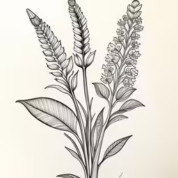 a plant that is sitting in a flower pot,black and white photograph of two flower stalks,a drawing of some flowers on a white wall,drawing of two plant species on paper,the plant is in a drawing on paper
