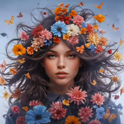 a woman with her hair falling down with many butterflies around her head