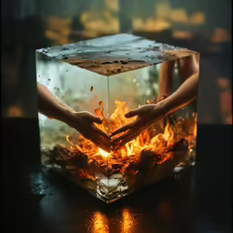 a fire pit with hand outstretched on the ground and flames in the center