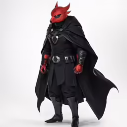 a man dressed in a black costume with horns and mask