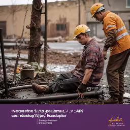 two men in hard hats and work gear are working on a broken pipe