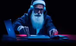 a man in a hat is using a laptop with a headset