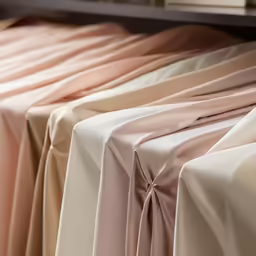 a row of pink and beige sheets with bows on them