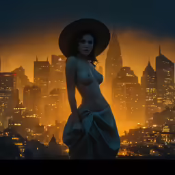 a naked woman is in front of a cityscape at sunset