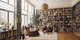 a man and woman are sitting in an all leather library