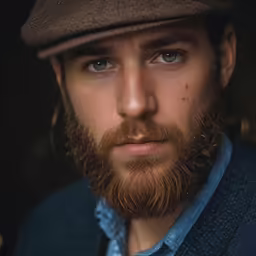 a man with a beard wearing a brown hat