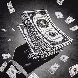 two hands holding dollar bills against a black background,money is falling down into the air, with one hand reaching for it