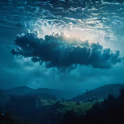 the view from below of a dark cloud over a green hillside