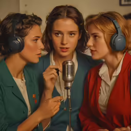 three young women listening to someone while wearing headphones