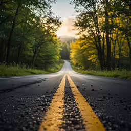 a road is lined with trees on either side
