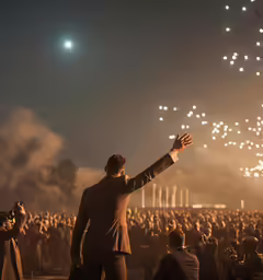 there is a man holding his arms up in front of the crowd