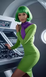 a woman in a green dress with green hair is posing for the camera