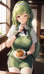 a girl with green hair, white shirt, and apron eating cookies