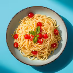 a bowl of pasta topped with tomatoes and basil