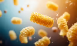 yellow pasta noodles floating in the air