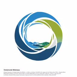a blue circle logo with green and white wavy shapes