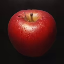 an apple on a dark black background with water drops
