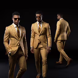 three men dressed in three pieces of plaid suits,three men in yellow and black checkered suits, one wearing sunglasses