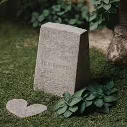 the headstones of two hearts lie on grass in front of the tombstone