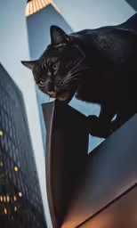 cat perched on top of metal surface in large city area