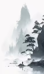 some pine trees are standing out by the water
