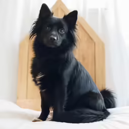 black dog sitting on a bed looking to the side
