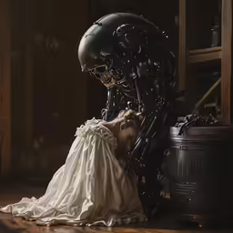 a gothic woman in a long white dress with a large, mechanical type robot on her lap
