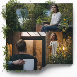 a woman sits on a building next to a man in a chair and there is another man looking up