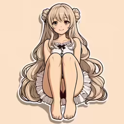 a woman sitting on top of a blonde stuffed animal