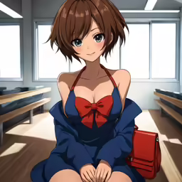 a woman in a red bra top sitting on the floor