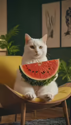 a cat sitting on top of a chair near a piece of watermelon