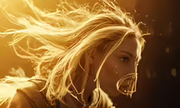 a close up shot of a woman in a motion with blonde hair blowing across her