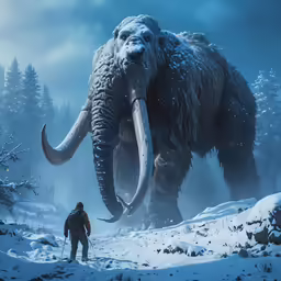 a man walking towards an yet huge ice age mammoth in the snow