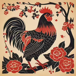 a rooster is standing on a branch next to flowers