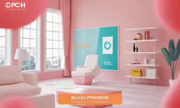an interior scene with pink walls and white furniture