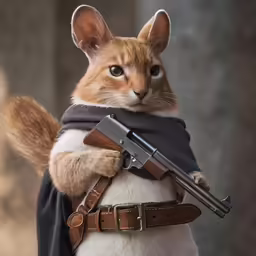 a cat is holding a gun and wearing a scarf
