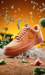 an orange nike air force shoe in front of falling leaves