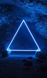 a triangle with a neon light is surrounded by rocks