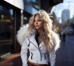 woman standing on street posing for photo shoot,a woman in white jacket and tan skirt on the street