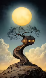 there is a tree house on the road and a man sitting on the top of it