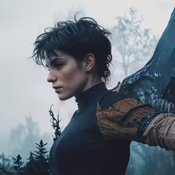 a woman with black hair and glove in a forest