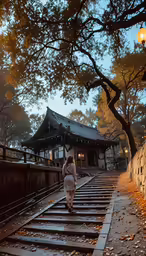 a person walking down the tracks near a tree