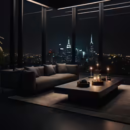an elegant living room with a city view